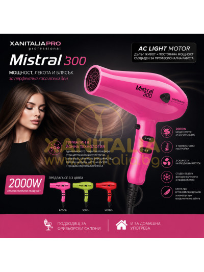 XanitaliaPro Mistral 300 комбинира мощен 2000W AC Light мотор с турмалин-керамично покритие на решетките