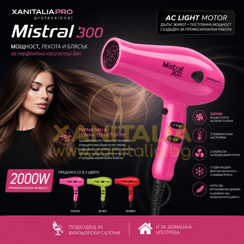 XanitaliaPro Mistral 300 комбинира мощен 2000W AC Light мотор с турмалин-керамично покритие на решетките
